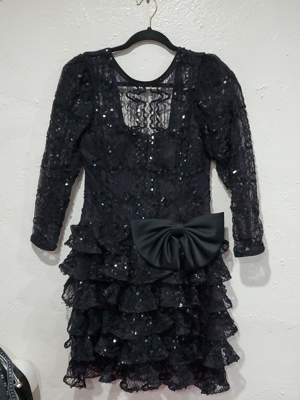 Julie Duroche After Dark Black Sequin Lace Ruffle Dress with Bow